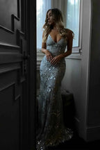 Sequin Dress Women Floor Length Maxi Evening Gown Spaghetti Strap