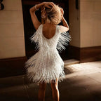 Women sleeveless fringe mini dress scoop neck body-skimming party dress