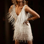 Women sleeveless fringe mini dress scoop neck body-skimming party dress