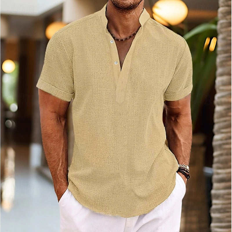 Men short sleeve shirt grandad collar relaxed fit casual summer