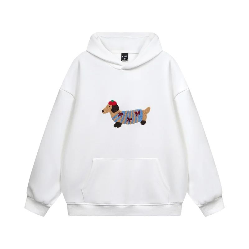 Unisex oversized hoodie with dachshund embroidery and kangaroo pocket