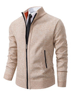 Men ribbed knit full-zip cardigan with stand collar in khaki