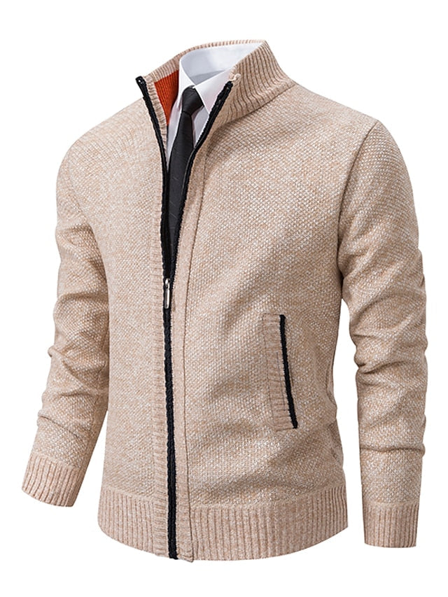 Men ribbed knit full-zip cardigan with stand collar in khaki