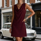Mini Dress Women Cowl Neck Sleeveless Shift Side Pockets