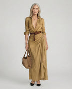 Women's maxi shirt dress with belted waist, classic collar, available in S–3XL
