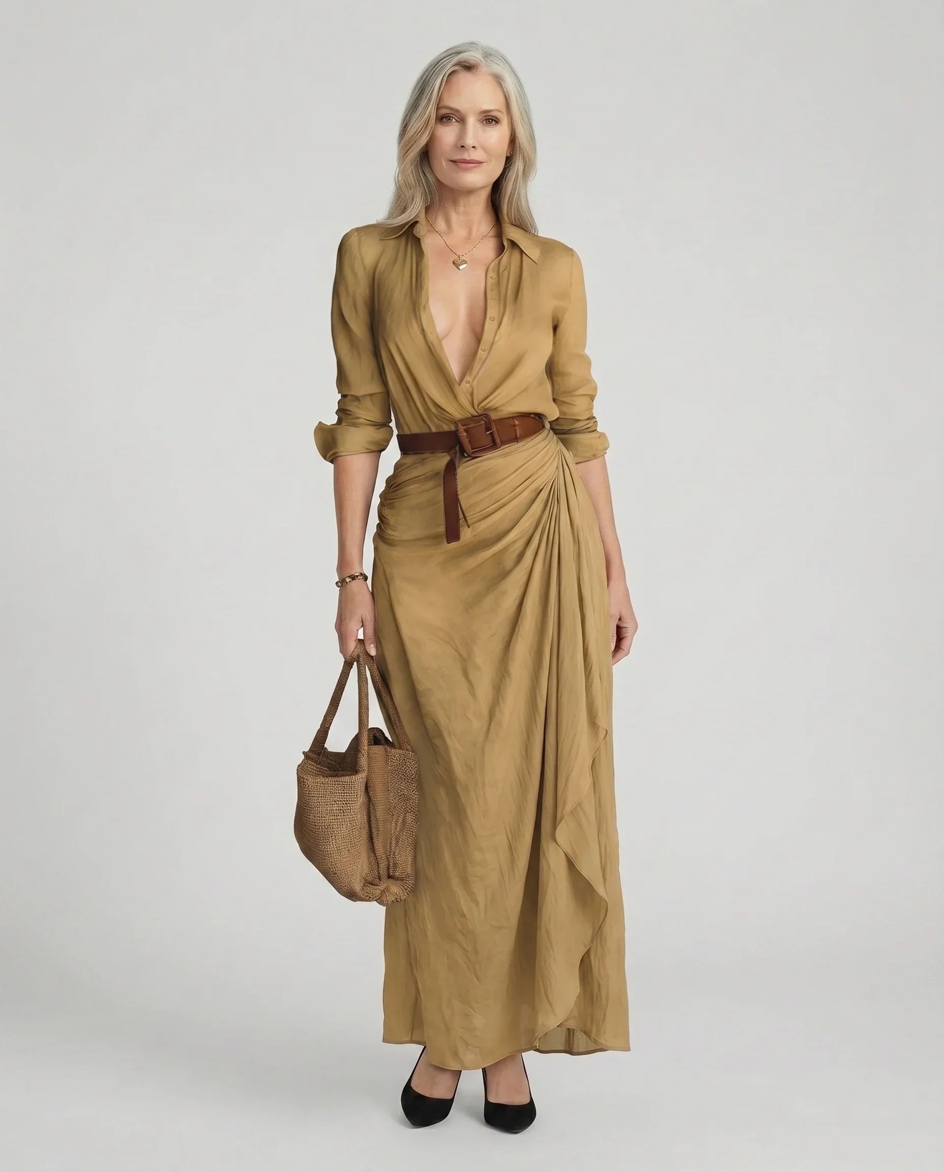 Women's maxi shirt dress with belted waist, classic collar, available in S–3XL