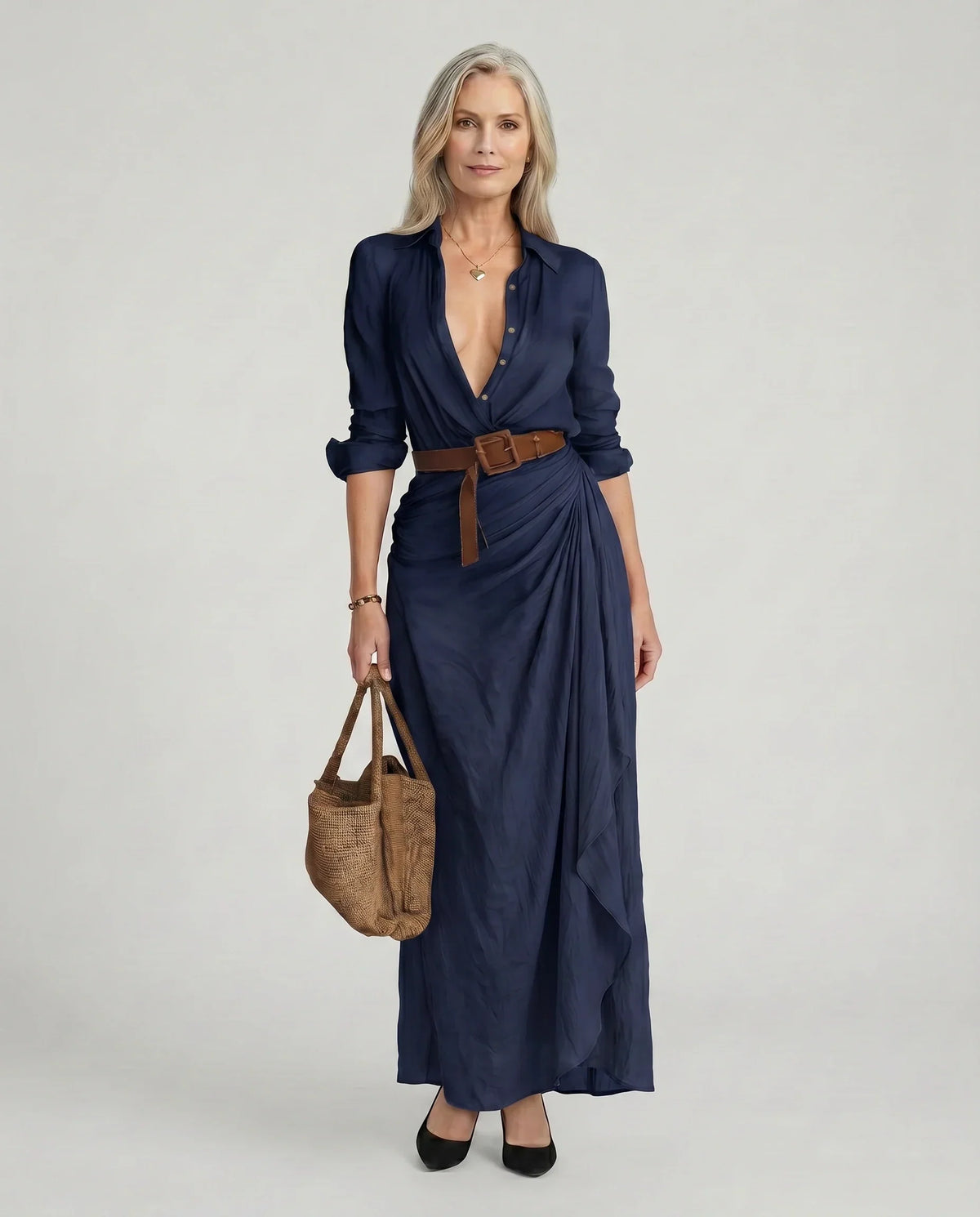Women's maxi shirt dress with belted waist, classic collar, available in S–3XL