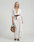 Women's maxi shirt dress with belted waist, classic collar, available in S–3XL