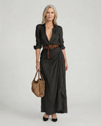 Women's maxi shirt dress with belted waist, classic collar, available in S–3XL