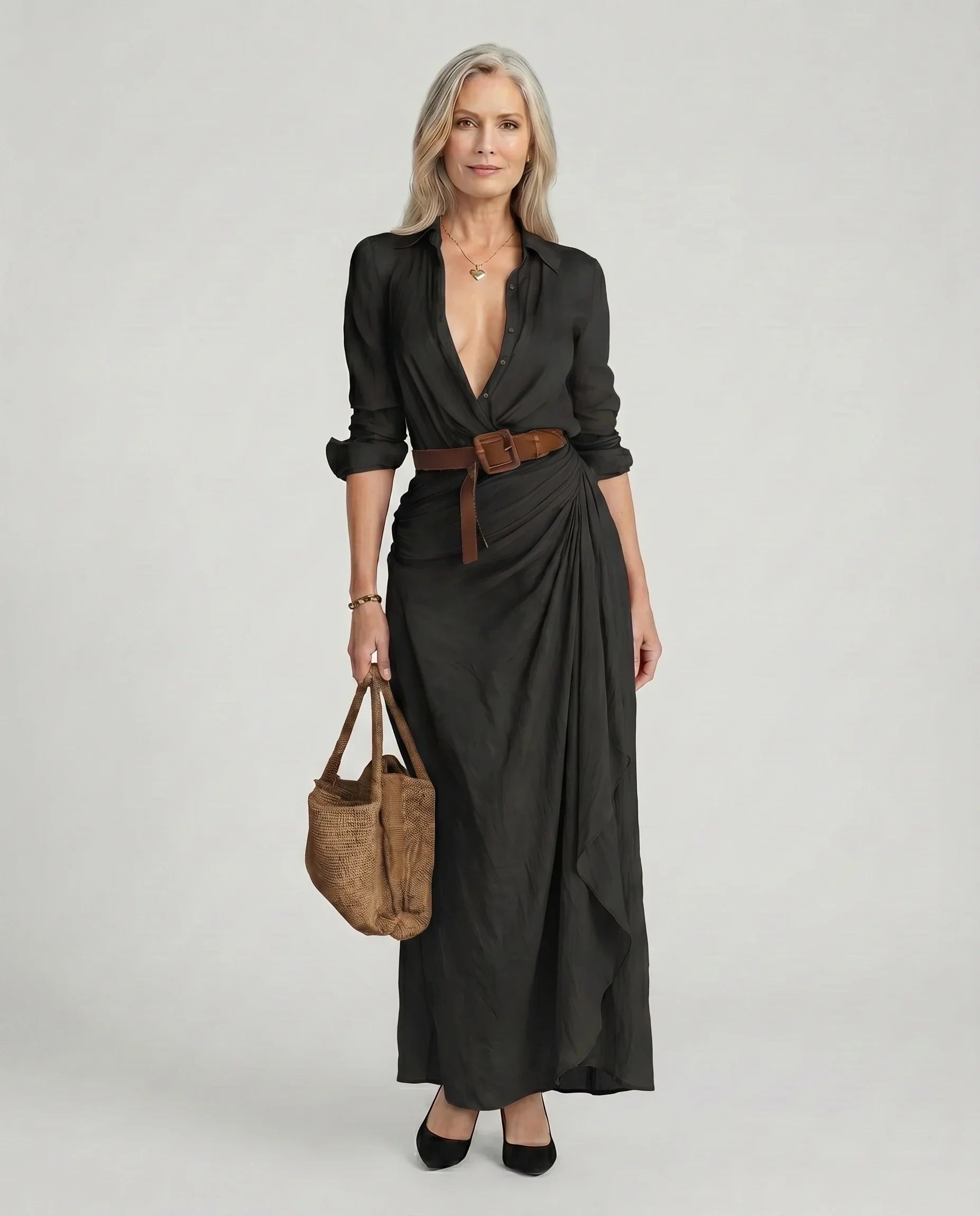 Women's maxi shirt dress with belted waist, classic collar, available in S–3XL