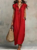 Women's linen maxi dress boho style loose fit with side pockets