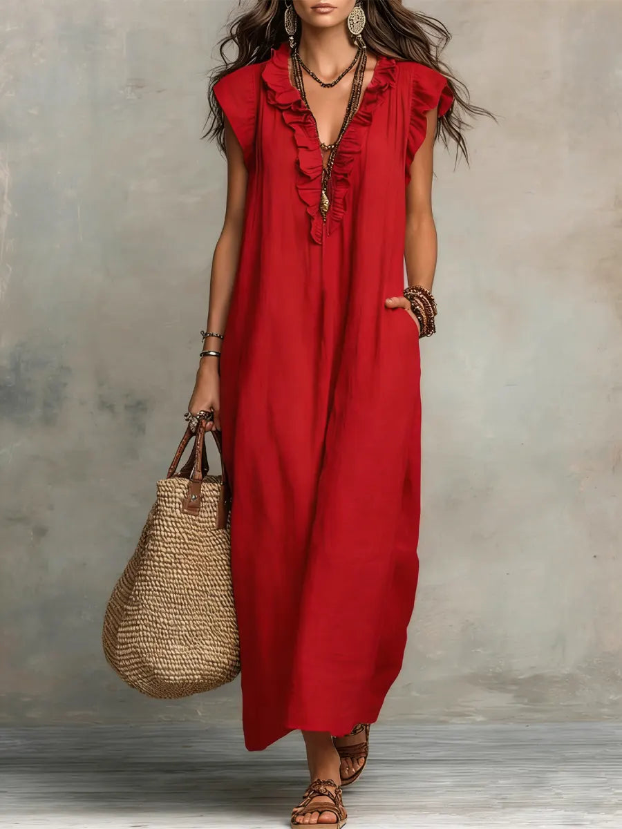 Women's linen maxi dress boho style loose fit with side pockets