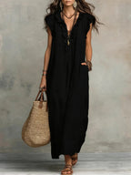 Women's linen maxi dress boho style loose fit with side pockets