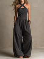 Women cotton linen jumpsuit crossover halter neck sleeveless ankle length