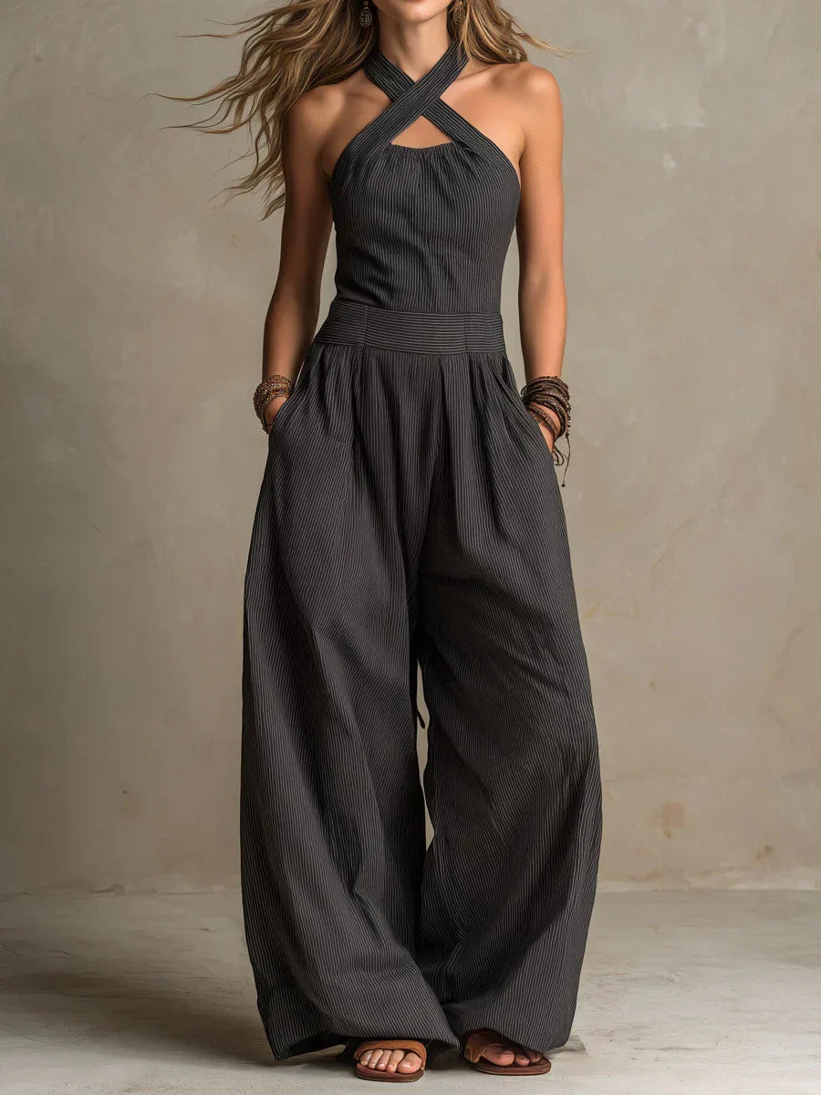 Women cotton linen jumpsuit crossover halter neck sleeveless ankle length