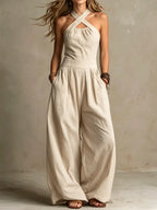 Women cotton linen jumpsuit crossover halter neck sleeveless ankle length