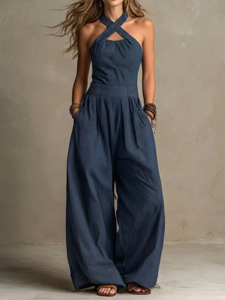 Women cotton linen jumpsuit crossover halter neck sleeveless ankle length