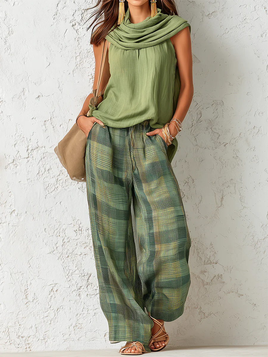 Women 2 piece wide leg blouse set flowing silhouette nature print green