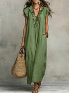 Women's linen maxi dress boho style loose fit with side pockets