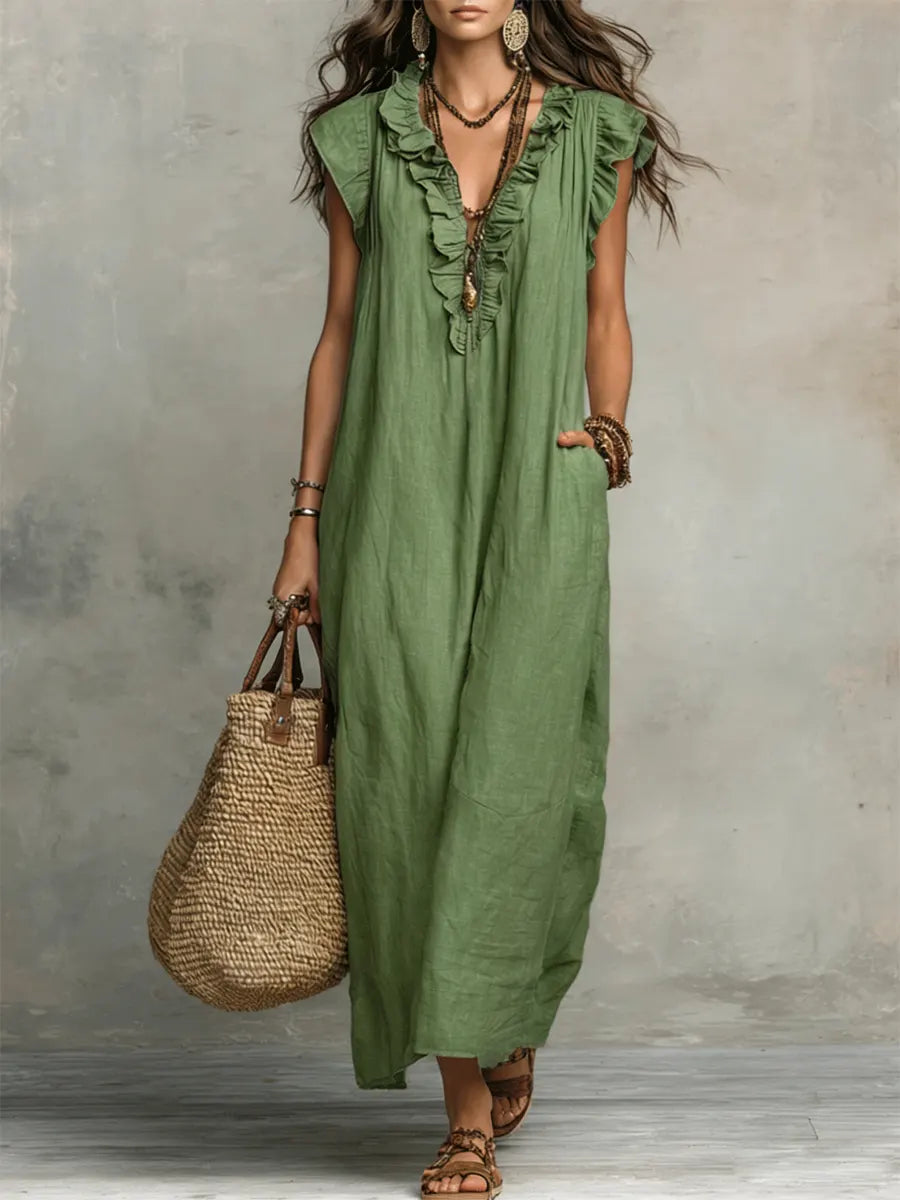 Women's linen maxi dress boho style loose fit with side pockets