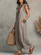 Women's linen maxi dress boho style loose fit with side pockets