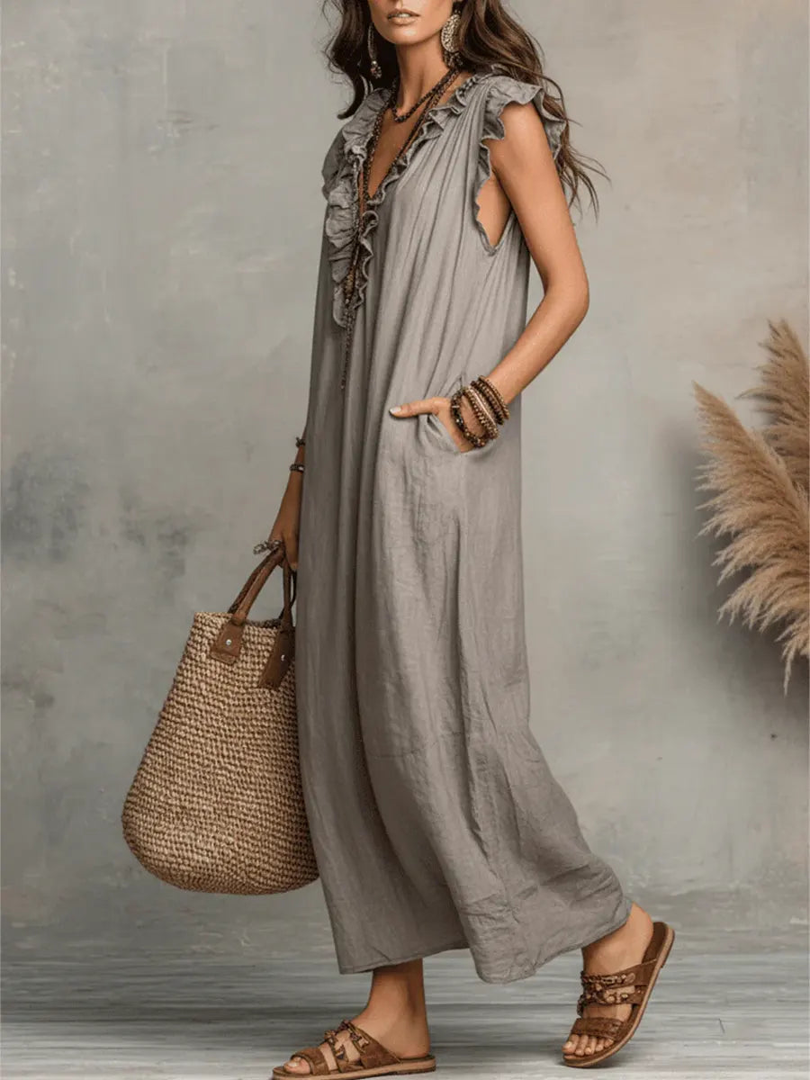 Women's linen maxi dress boho style loose fit with side pockets