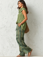 Women 2 piece wide leg blouse set flowing silhouette nature print green