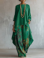 Women 2 piece cotton blend floral print set bohemian loose fit round neck