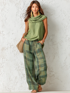 Women 2 piece wide leg blouse set flowing silhouette nature print green