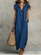 Women's linen maxi dress boho style loose fit with side pockets