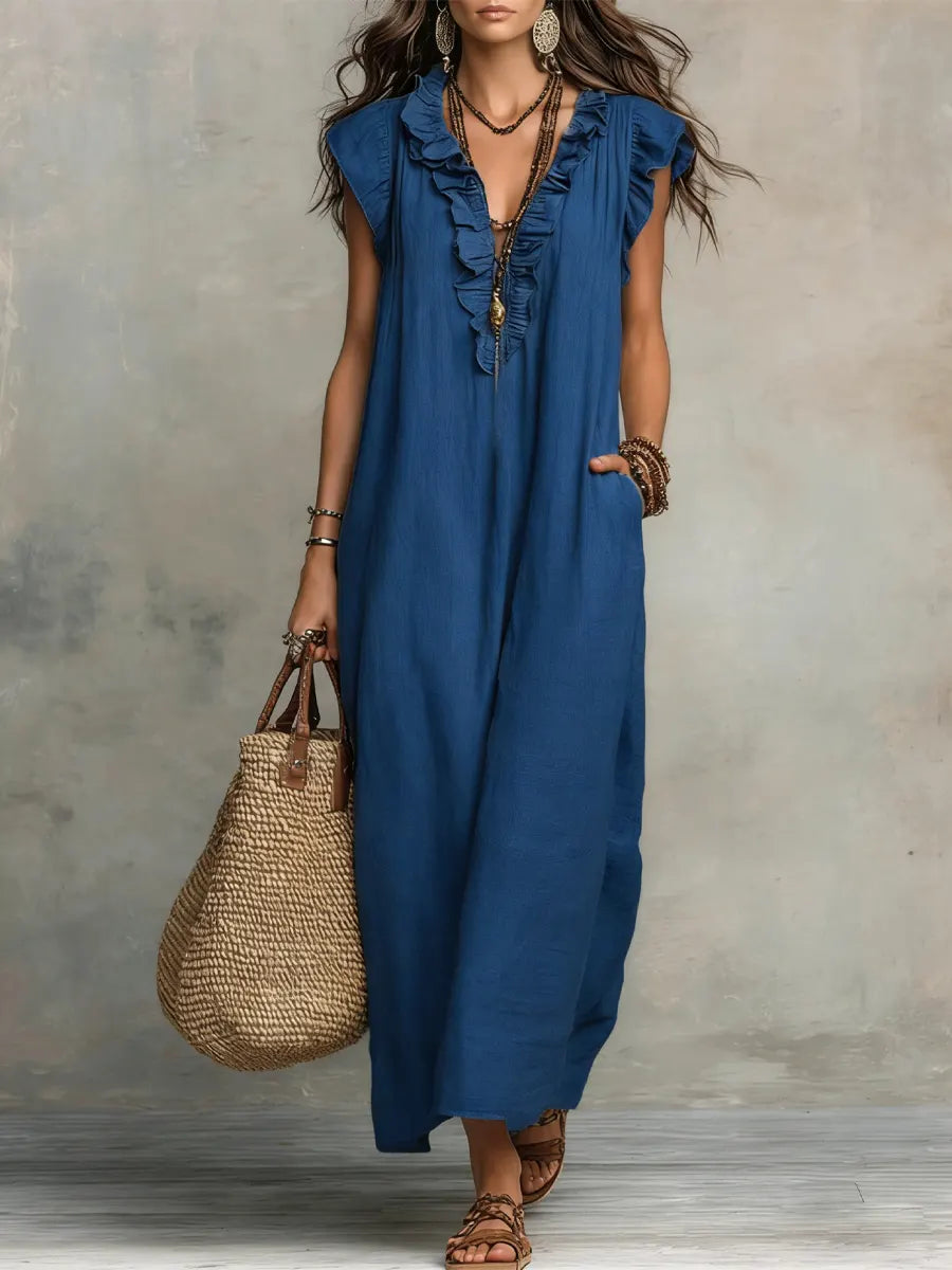 Women's linen maxi dress boho style loose fit with side pockets