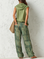 Women 2 piece wide leg blouse set flowing silhouette nature print green