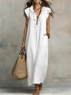 Women's linen maxi dress boho style loose fit with side pockets