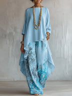 Women 2 piece cotton blend floral print set bohemian loose fit round neck