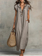 Women's linen maxi dress boho style loose fit with side pockets