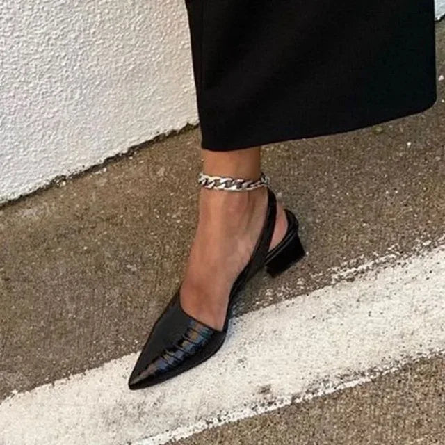 Heeled Pumps Women | Cushioned Pointed Toe Chunky Heel Croco Effect