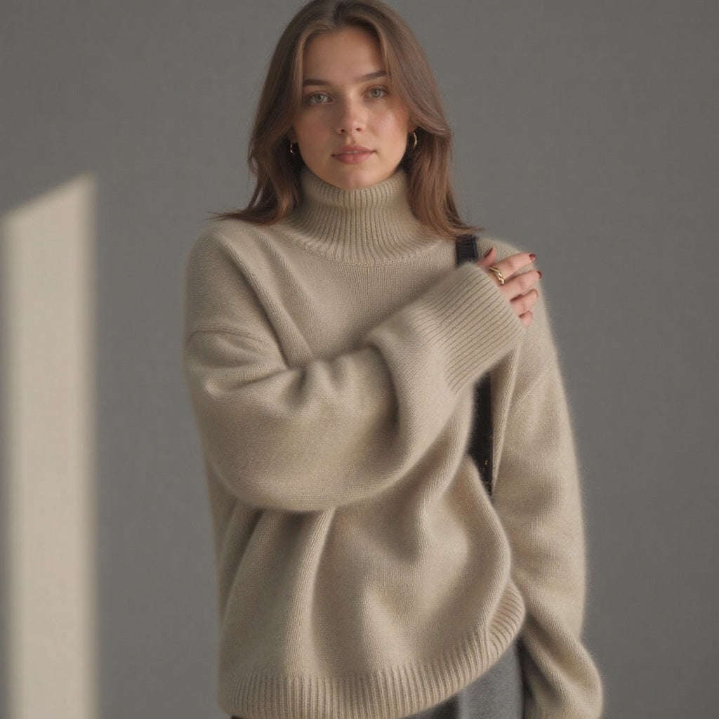 Women's cashmere turtleneck sweater oversized fit, soft warm knit pullover