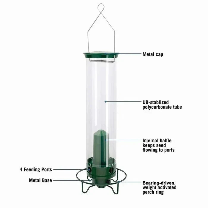 Squirrel proof bird feeder with rotating perch, 4 feeding ports and heavy-duty metal construction