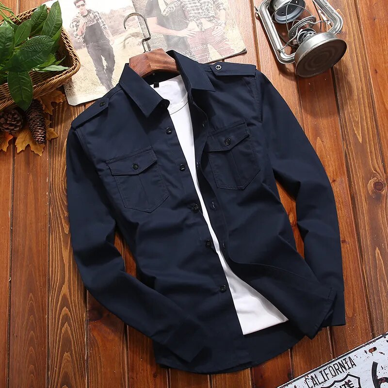 Men's tactical field shirt military-inspired woven cotton slim fit with chest pockets