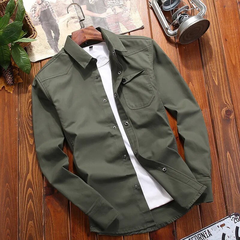Men's tactical field shirt military-inspired woven cotton slim fit with chest pockets