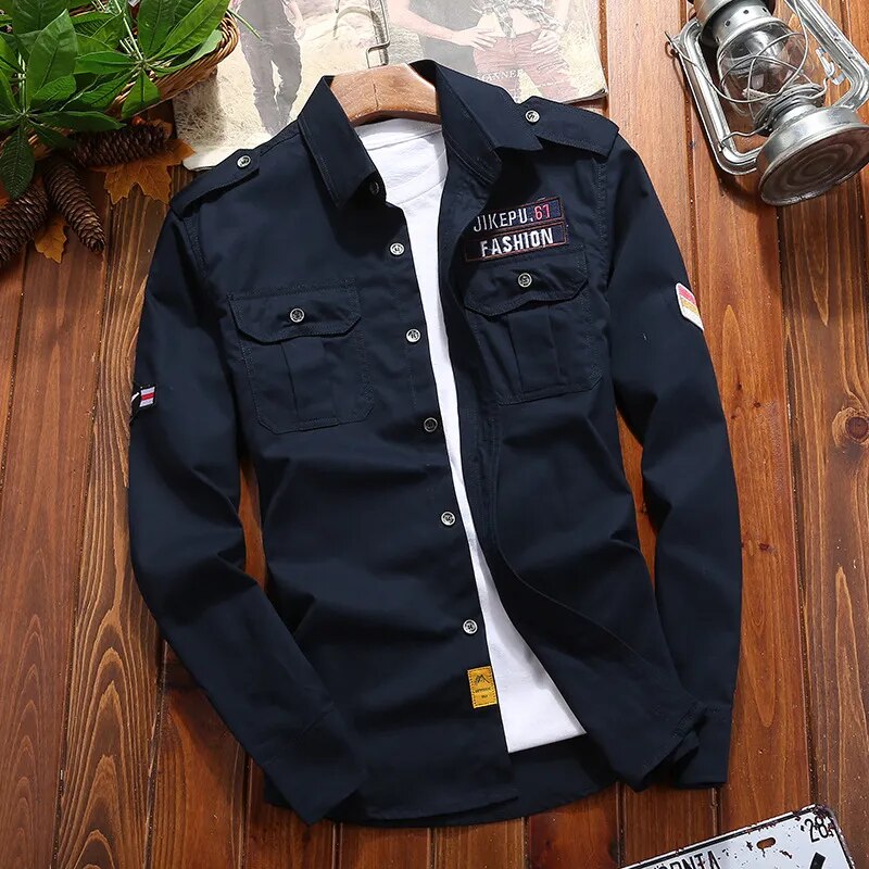 Men's tactical field shirt military-inspired woven cotton slim fit with chest pockets