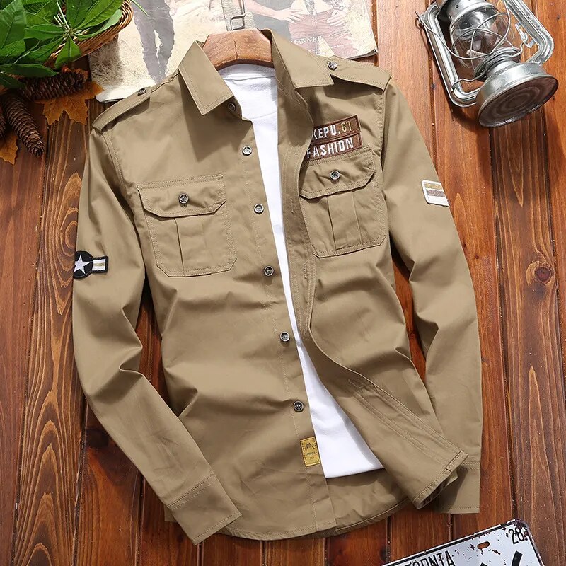 Men's tactical field shirt military-inspired woven cotton slim fit with chest pockets
