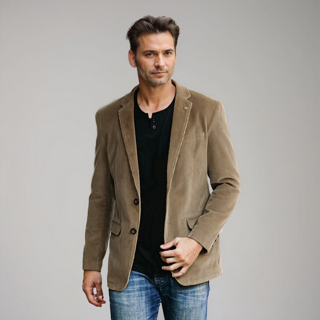Men's corduroy blazer in brown, smart casual tailored fit for autumn winter
