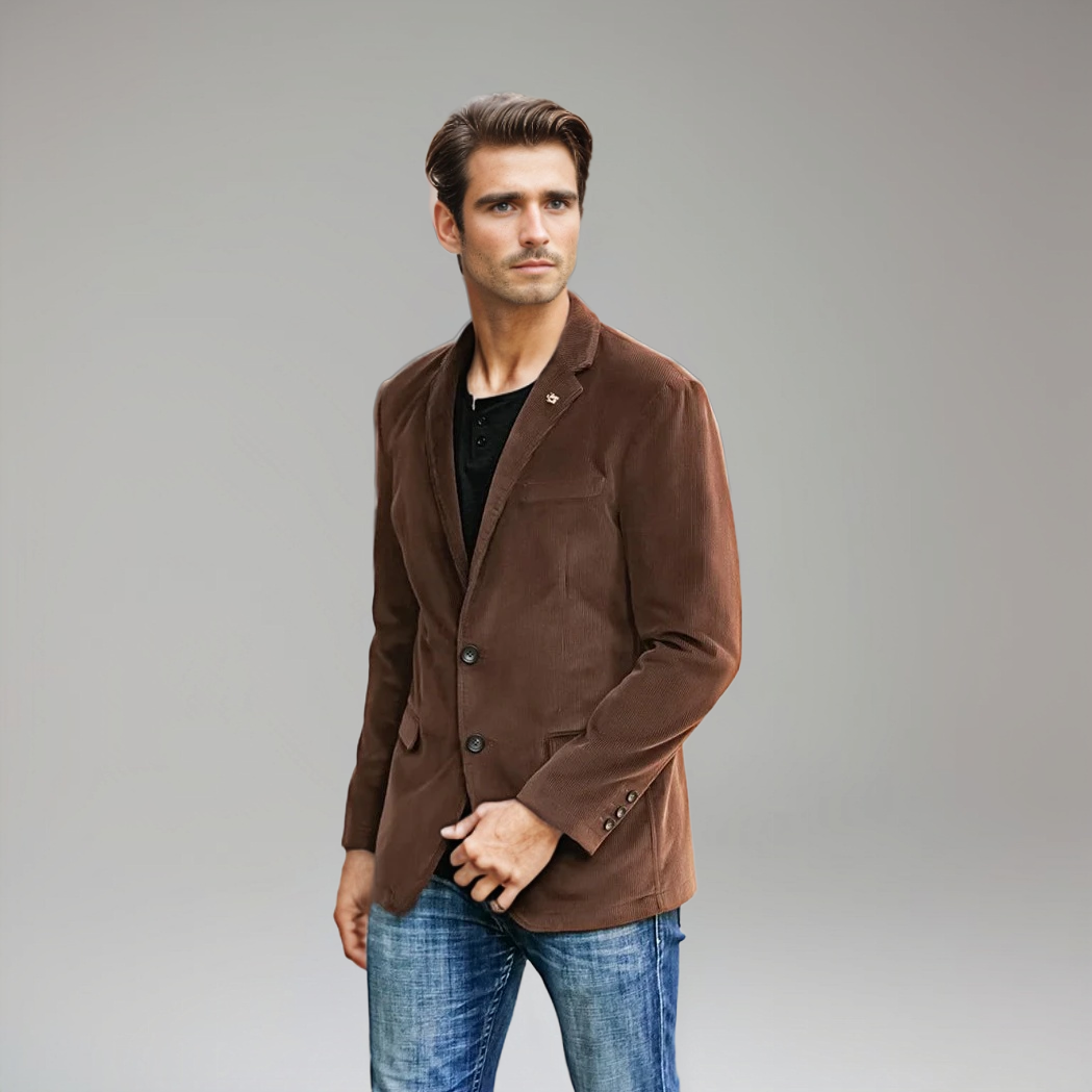 Men's corduroy blazer in brown, smart casual tailored fit for autumn winter