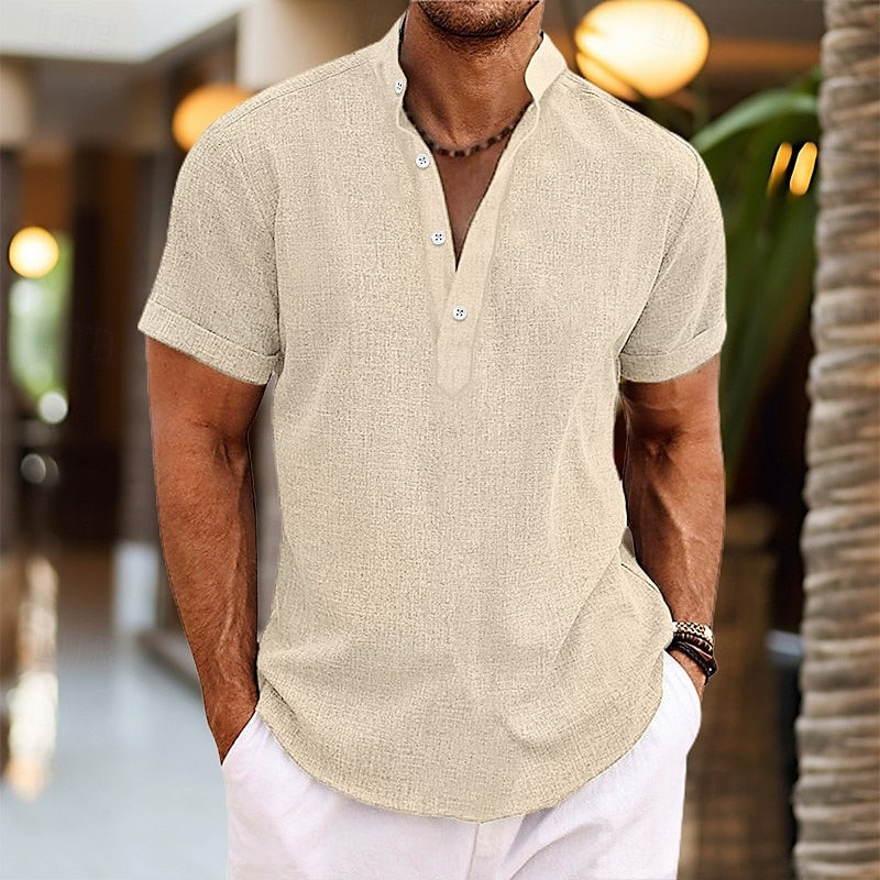 Men short sleeve shirt grandad collar relaxed fit casual summer