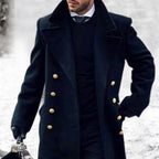 Men's double-breasted long coat in navy blue with lapel collar, winter outerwear