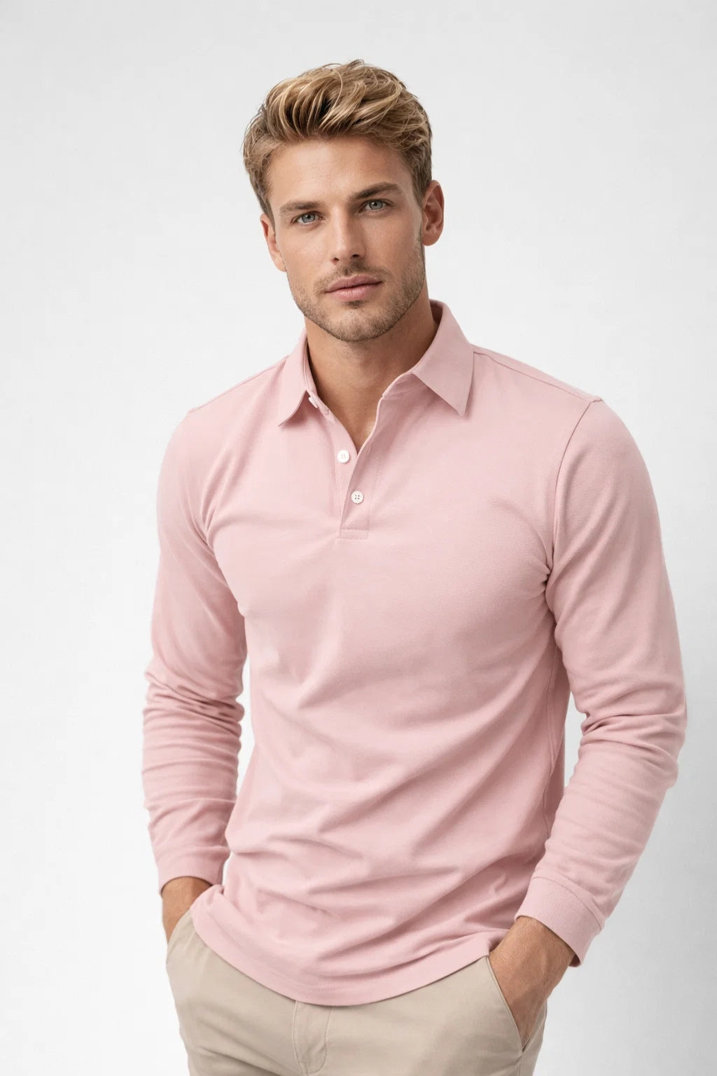Men long sleeve polo shirt slim fit with classic polo collar