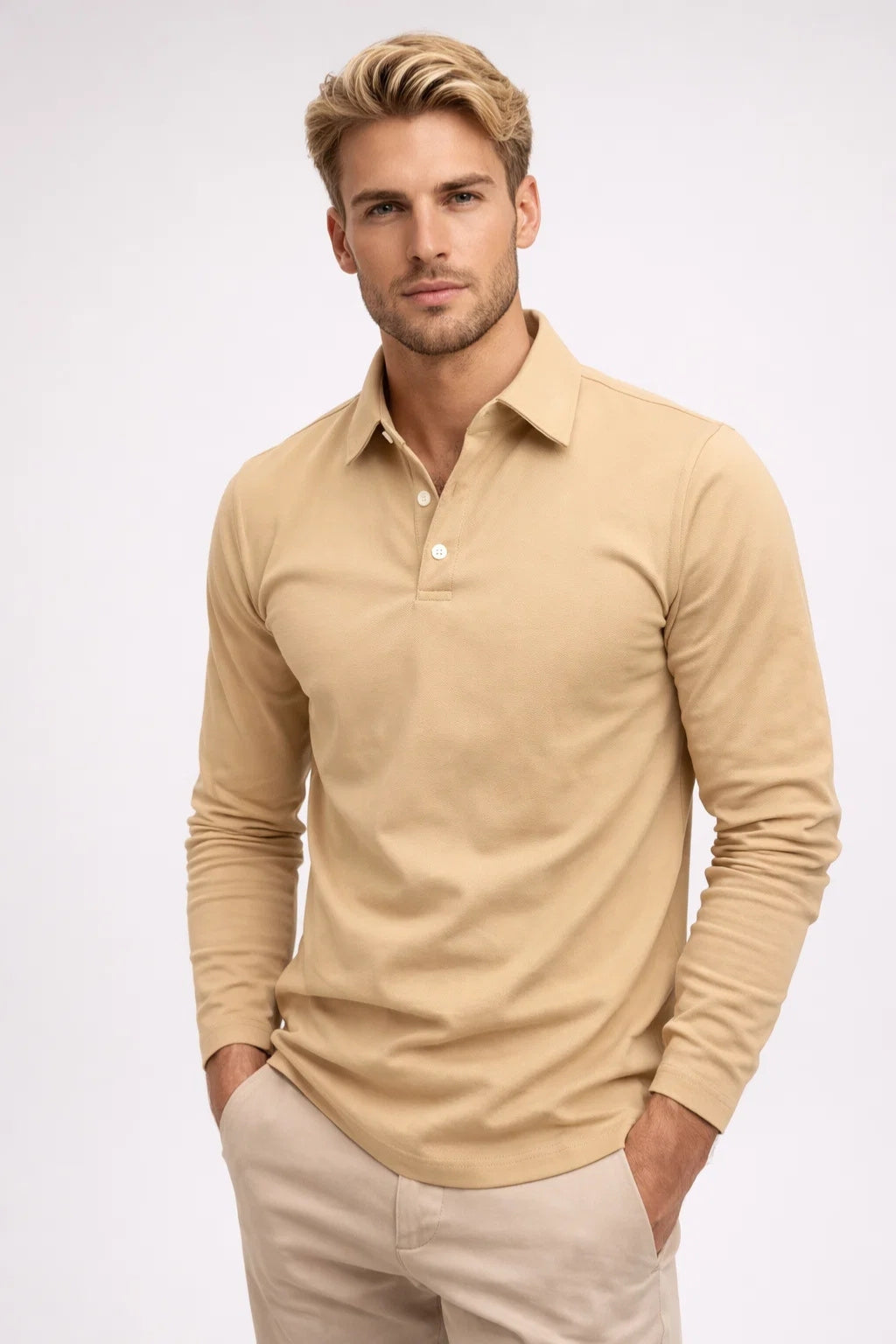 Men long sleeve polo shirt slim fit with classic polo collar