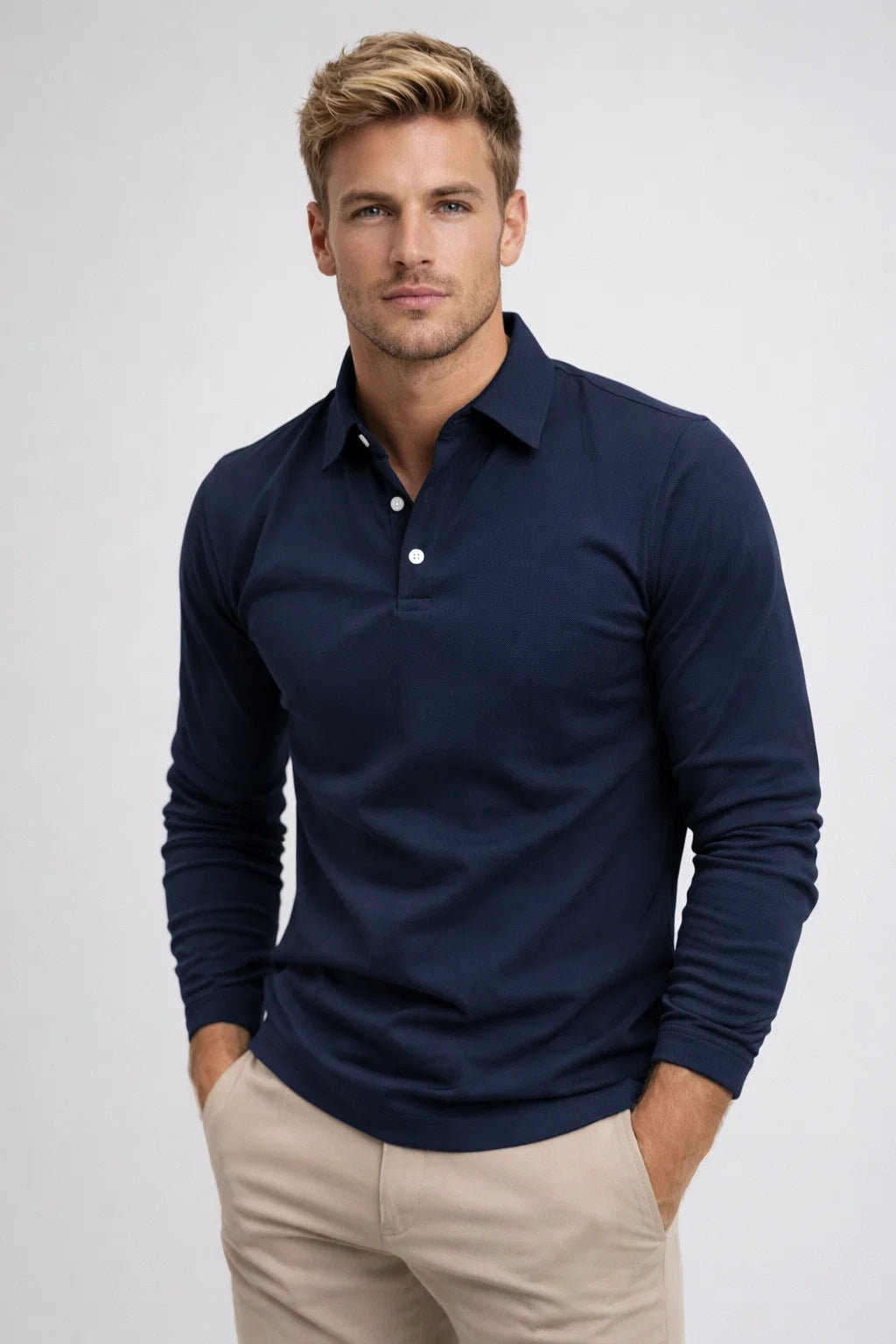 Men long sleeve polo shirt slim fit with classic polo collar