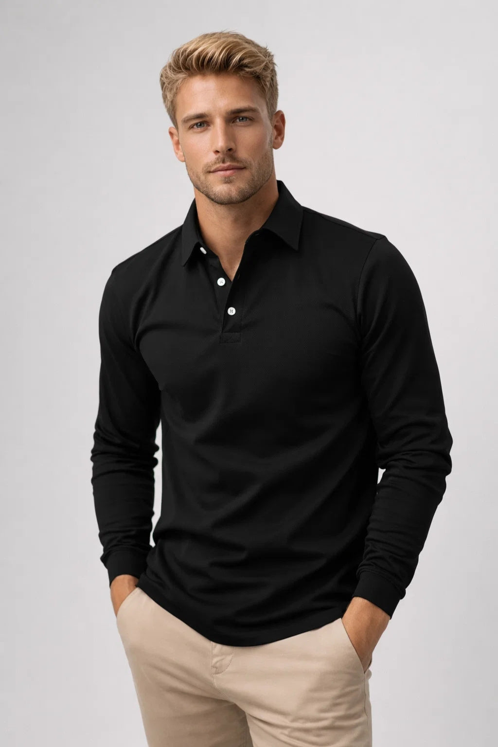 Men long sleeve polo shirt slim fit with classic polo collar